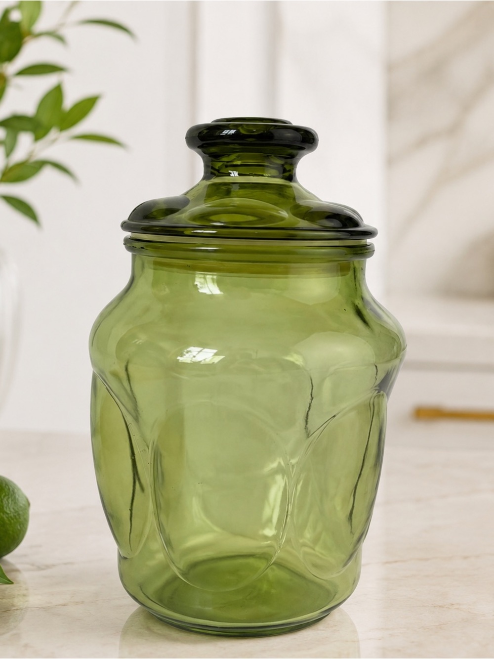 Vintage Retro 1970s Olive Green Glass Lidded Kitchen Jar